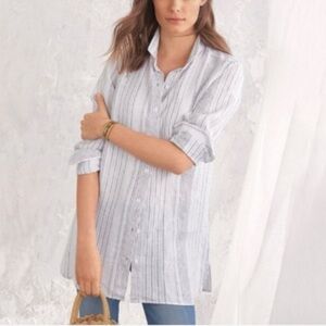 Garnet Hill Easy Linen Long Sleeve Tunic Button Front Navy White Stripe Medium